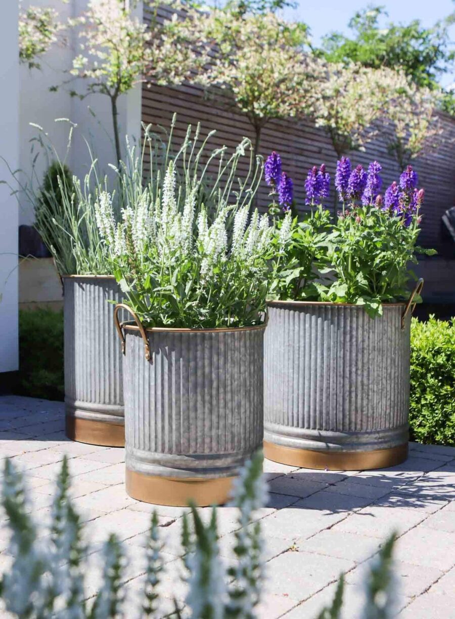 three galvenised metal and gold planters
