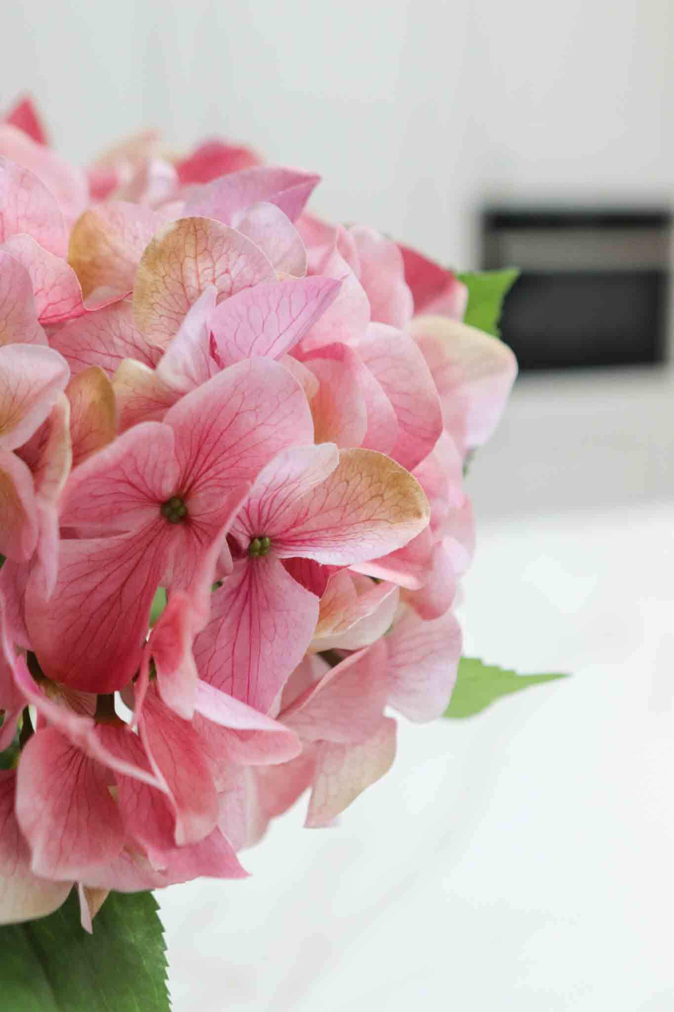 six pink faux hydrangea stems