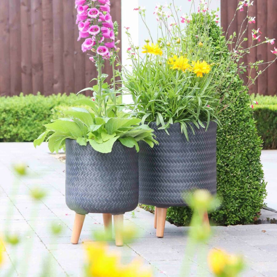 two bamboo weave standing planters black