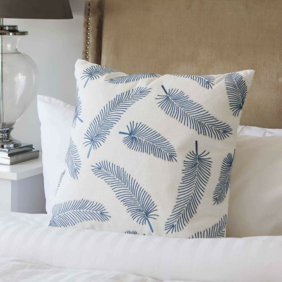 blue and white feather cushion