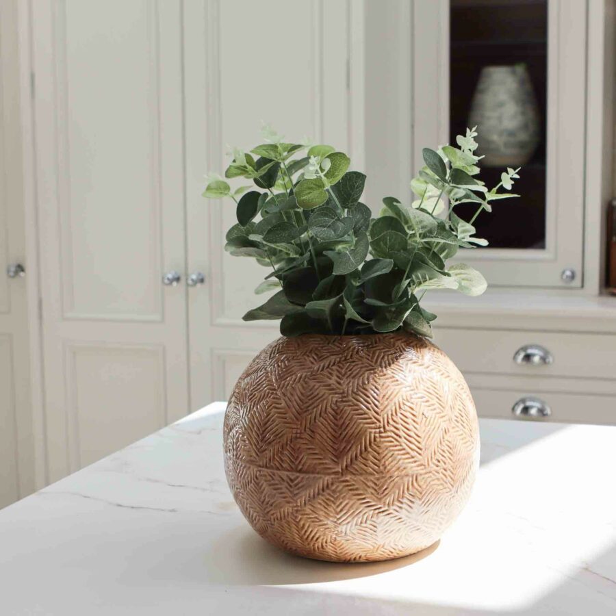 brown textured round short vase