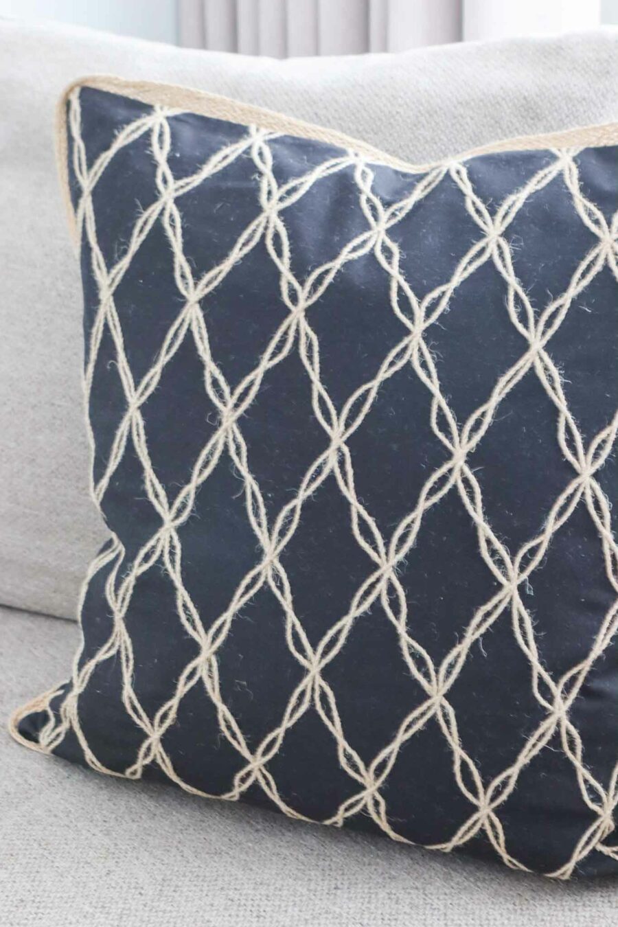 royal black and jute lattice cushion