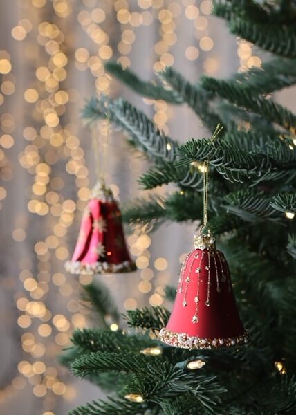 pair of red and gold glass bell baubles