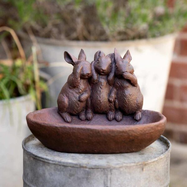 three wise bunnies bird bath