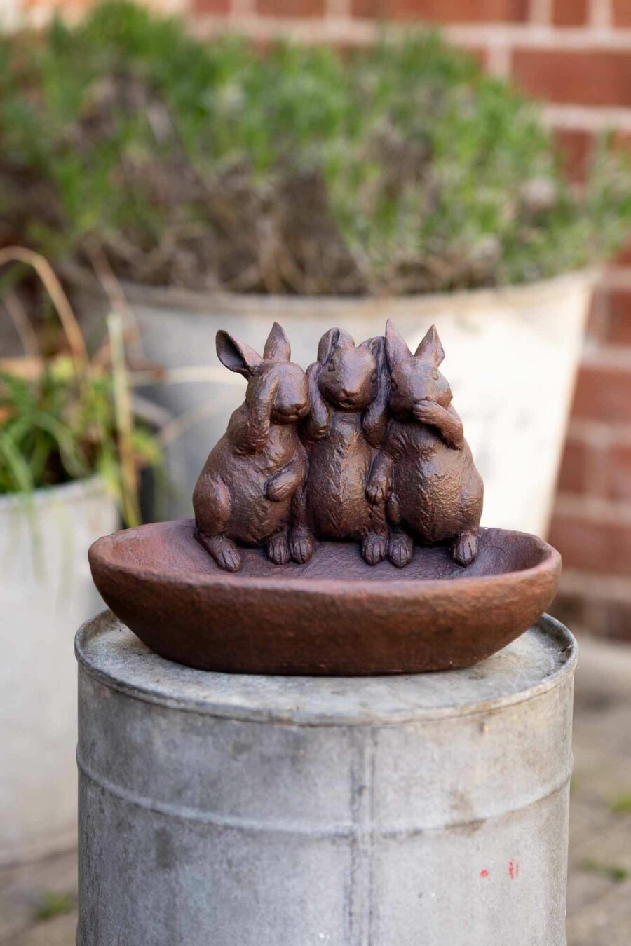 three wise bunnies bird bath