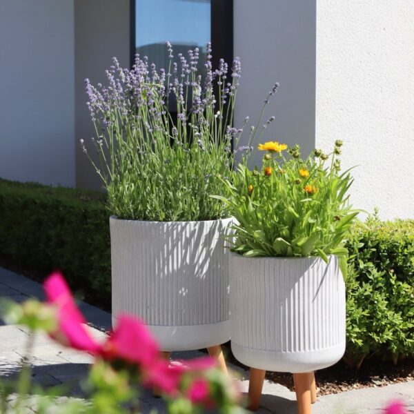 two tall standing striped outdoor planters off white