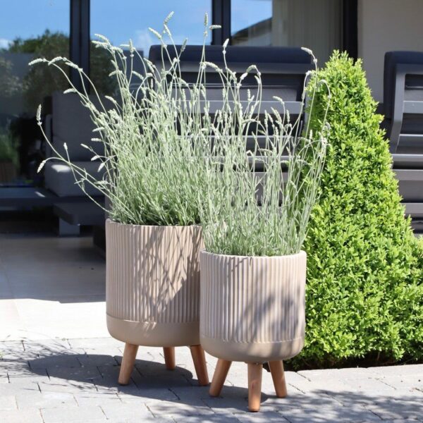 two striped standing planters terracotta