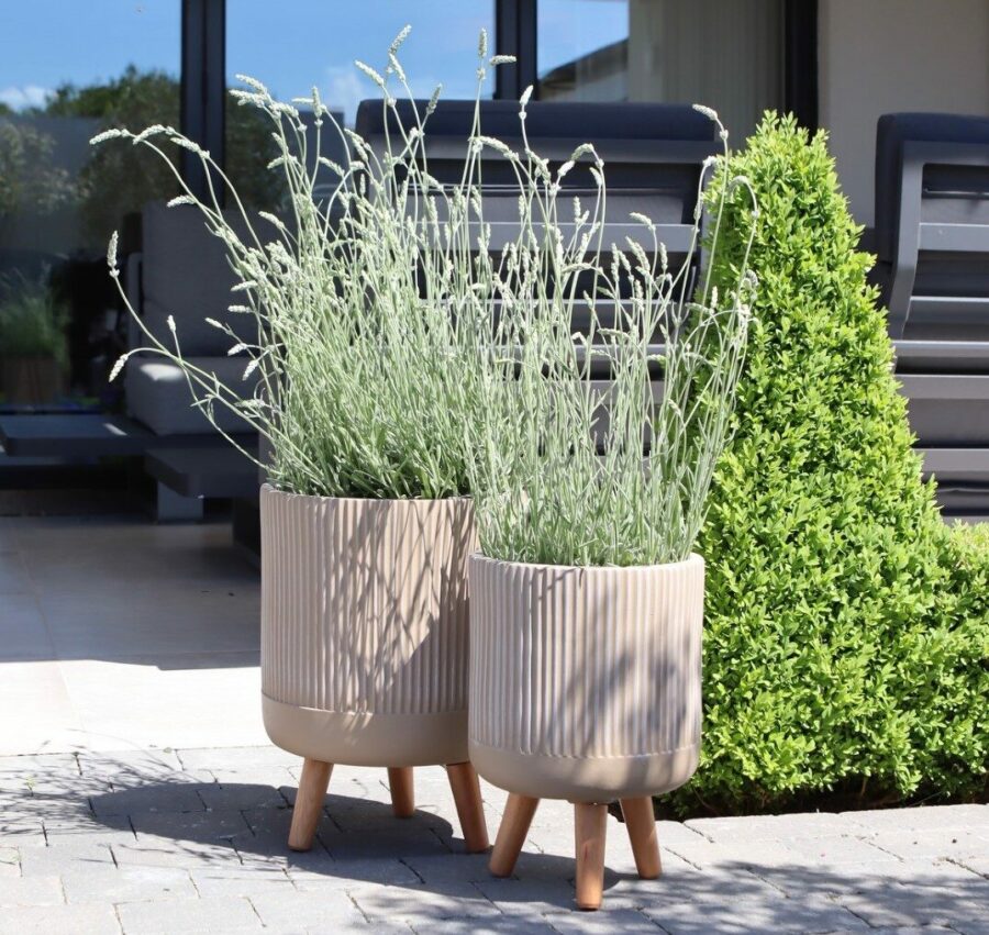 two striped standing planters terracotta