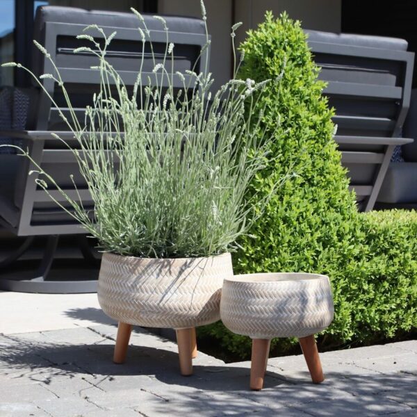 two round standing bamboo weave indoor/outdoor planters sand