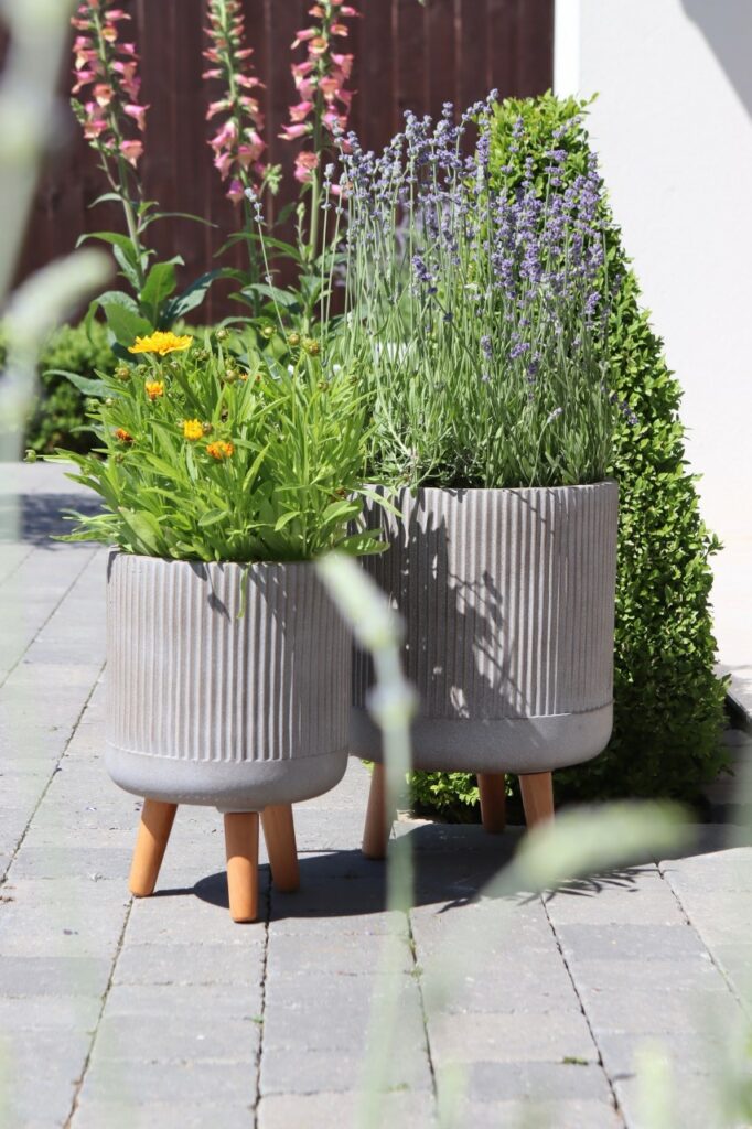 Two Tall Standing Striped Outdoor Planters-Taupe