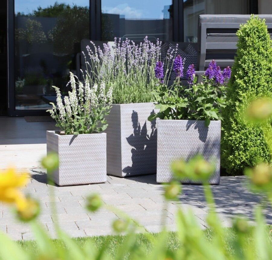 three bamboo weave square planters taupe