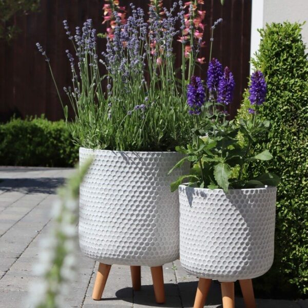 two tall standing honeycomb outdoor planters off white