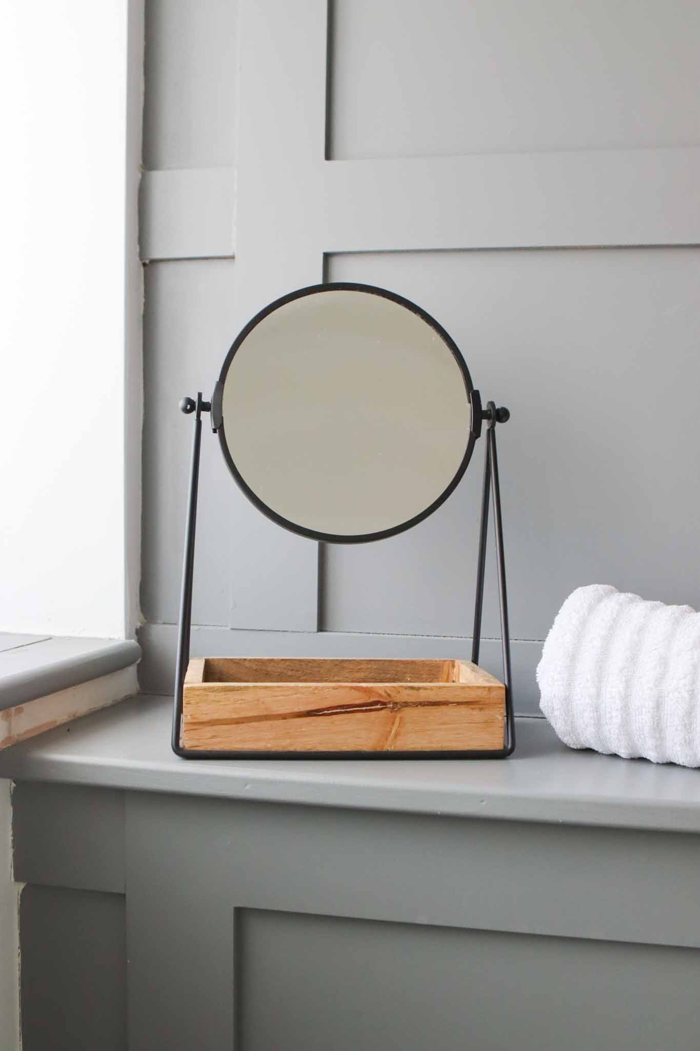 reno black and wood vanity mirror
