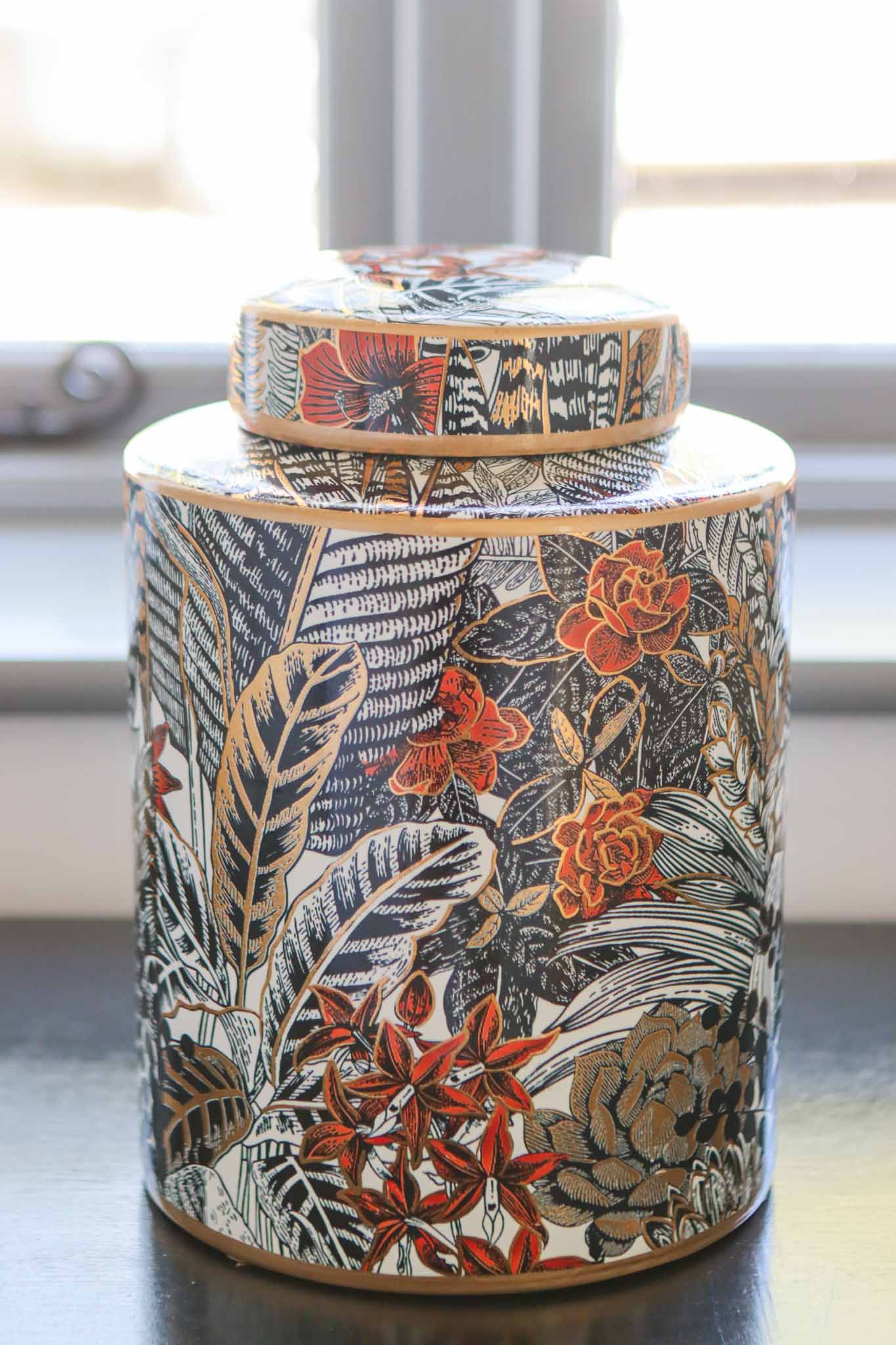 feather and leaf print lidded jar