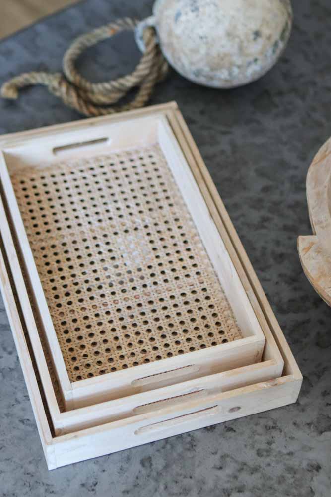 three wooden rattan trays