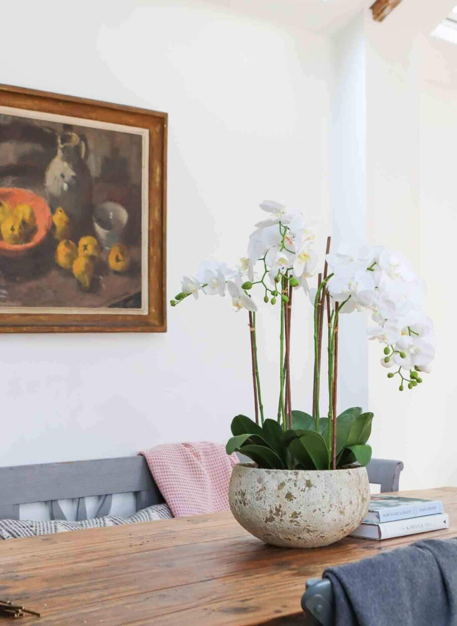 faux white orchid in clay pot large