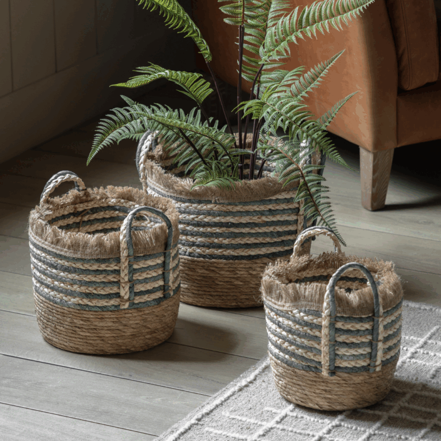 fringed woven basket stripe ink/natural set of 3